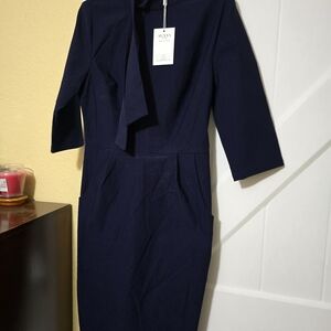 Milly Navy Sheath Dress with Tie Neck